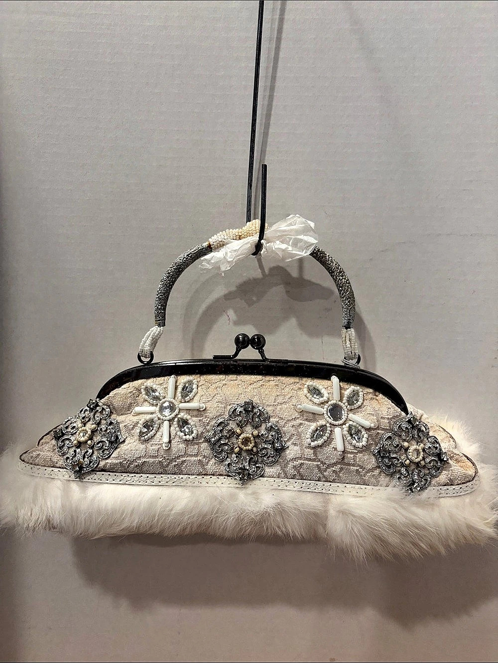 Mary Frances Snow White Beaded Fur Trim in Cream & White new display